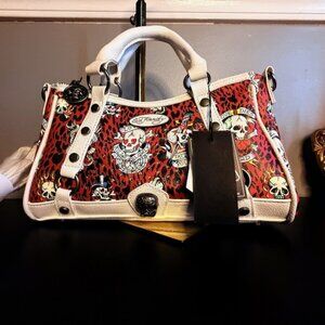 Ed Hardy Red Leopard Skull Satchel Bag NWT White Trim Convertible Strap